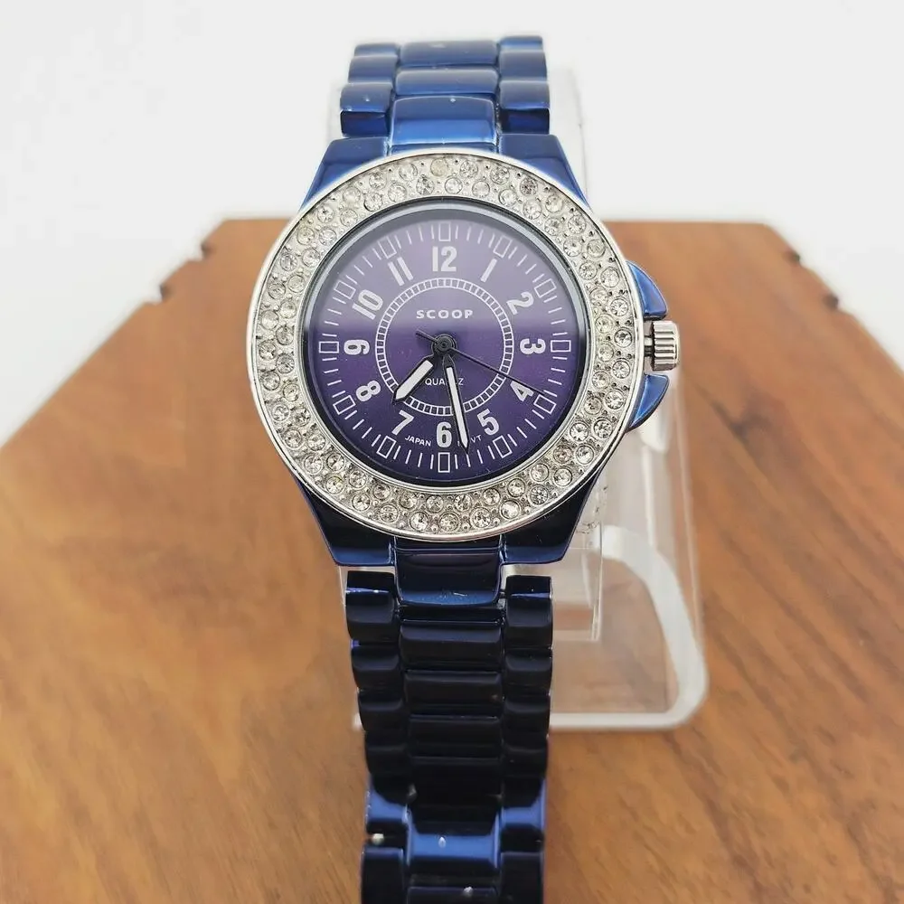 Scoop Women's Rhinestone Dial Boyfriend Watch Blue Metallic Bold Maximalist SNY1